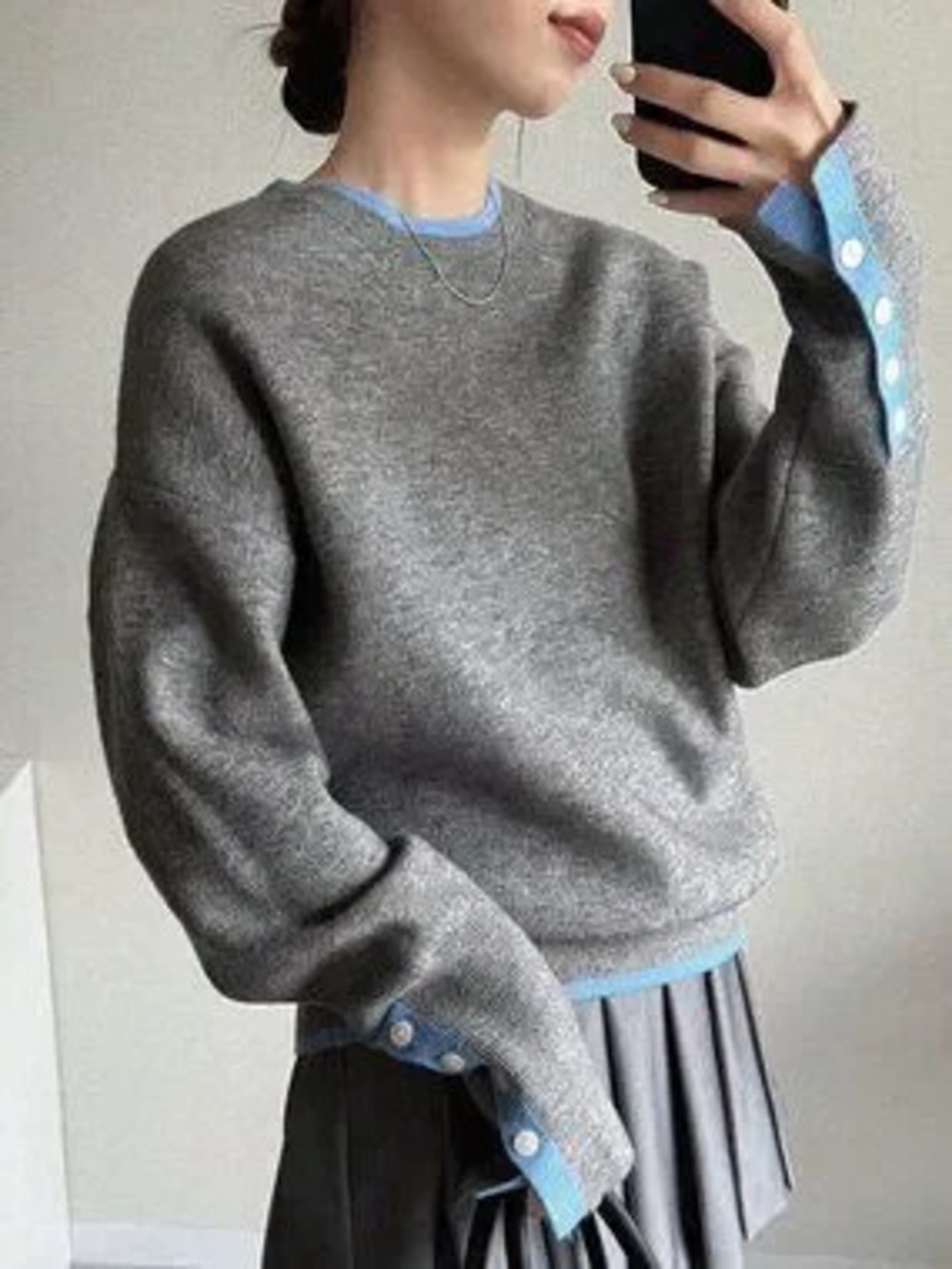 Grey Casual Women's Round Neck High Sleeve Collar Cuff Detail Loose-Fit Sweater